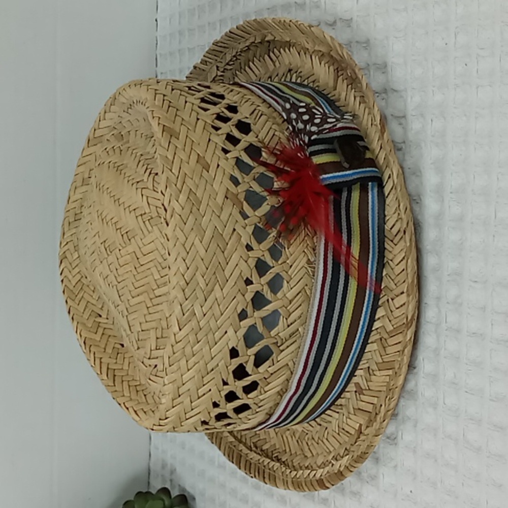 Peter Grimm Straw Pork Pie Hat w/Multi Color Crossgrain Band & Feather Accents - Picture 11 of 14
